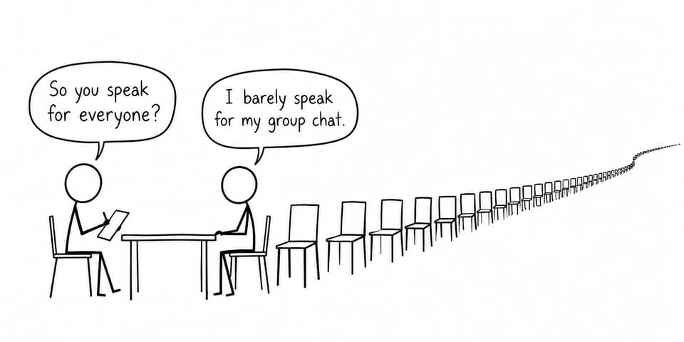 A student asks one interviewee to represent everyone while a long line of empty chairs highlights the problem with overgeneralization