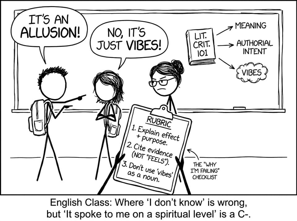 Two students arguing: allusion vs vibes