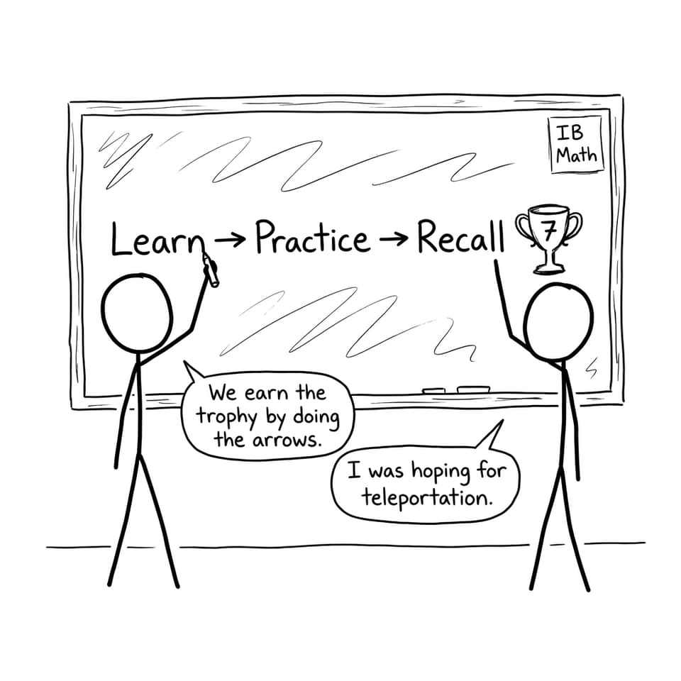 A stick-figure comic about Learn -> Practice -> Recall