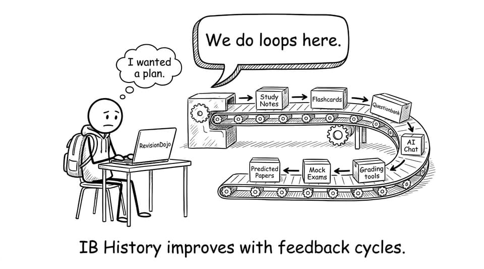 A RevisionDojo conveyor belt of study tools; caption about feedback cycles