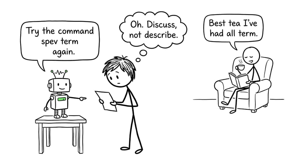 A student gets command-term feedback while the parent finally drinks tea