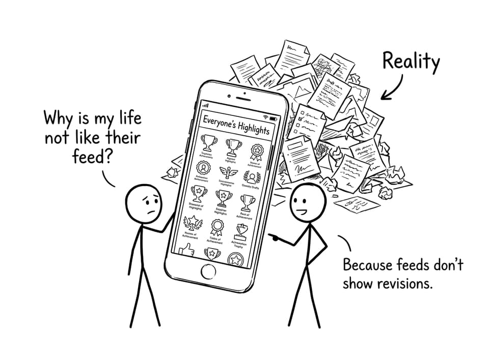 Phone shows Everyone’s Highlights; behind it is Reality