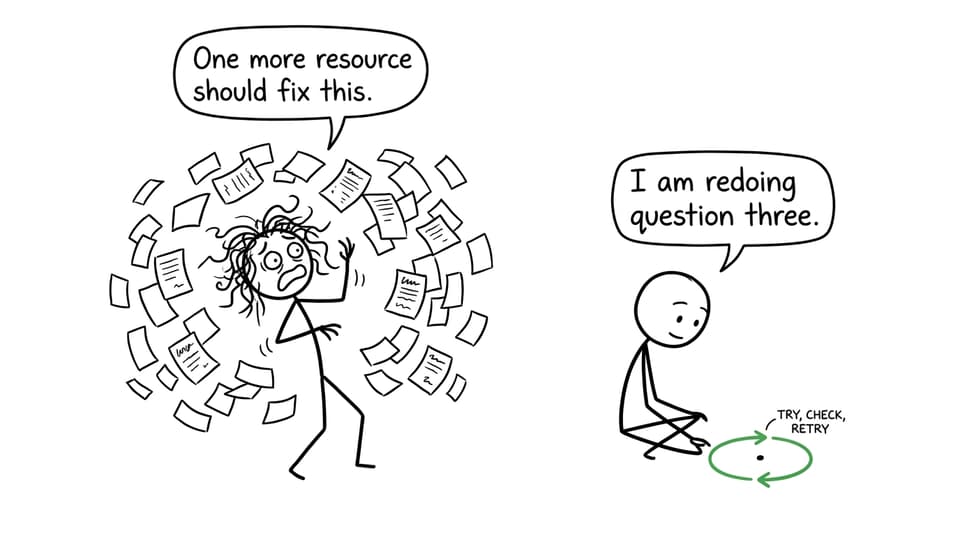 One student opens endless resources while another calmly retries one question