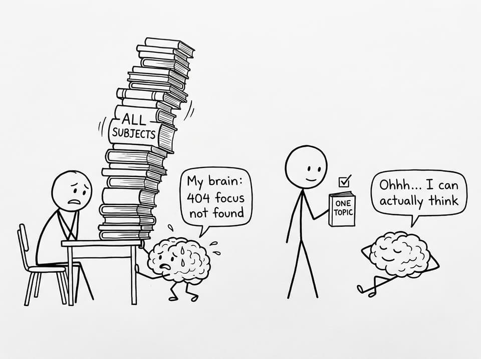 A funny comic about trying to study all subjects at once vs one topic