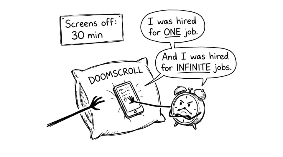 A phone and an alarm clock arguing on a pillow about doomscrolling