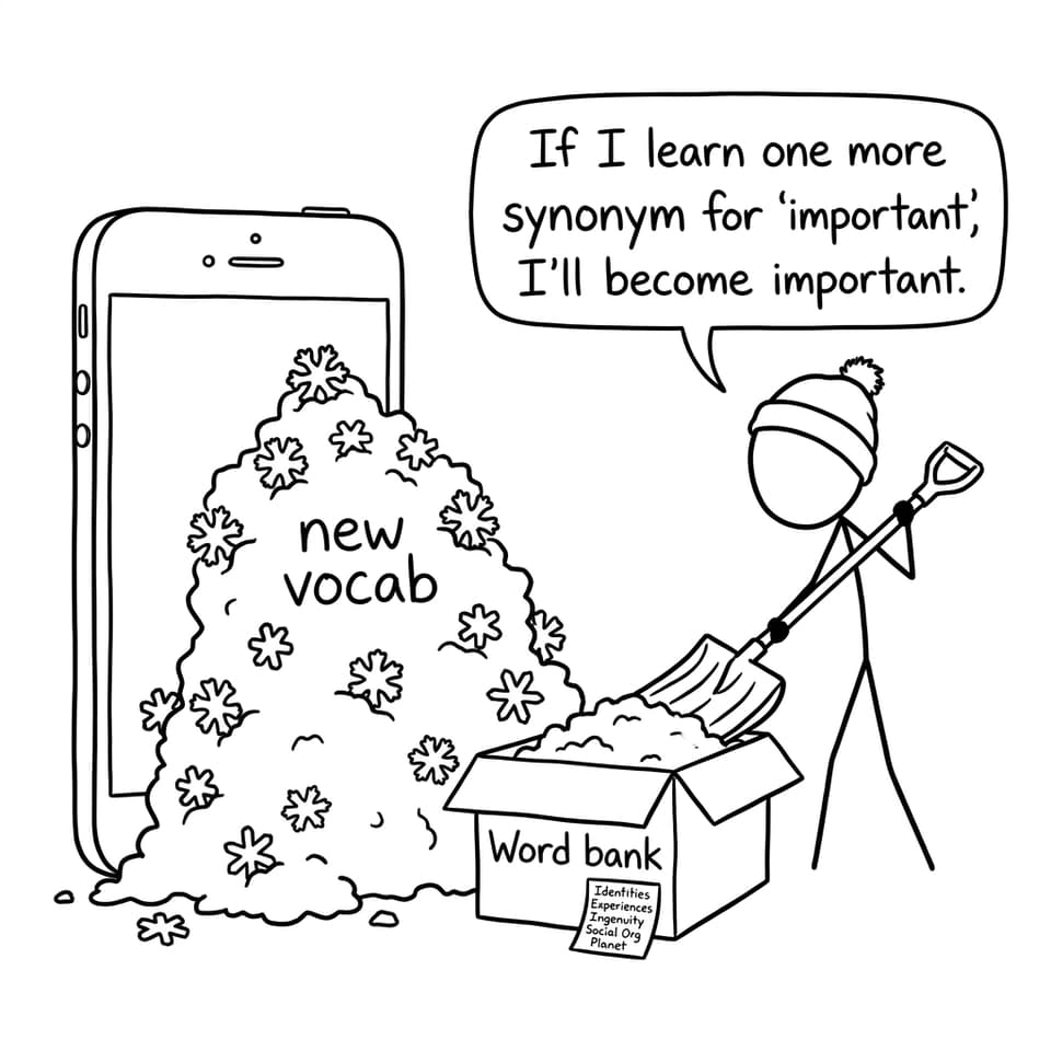 Student shoveling endless vocab notifications into a word bank box