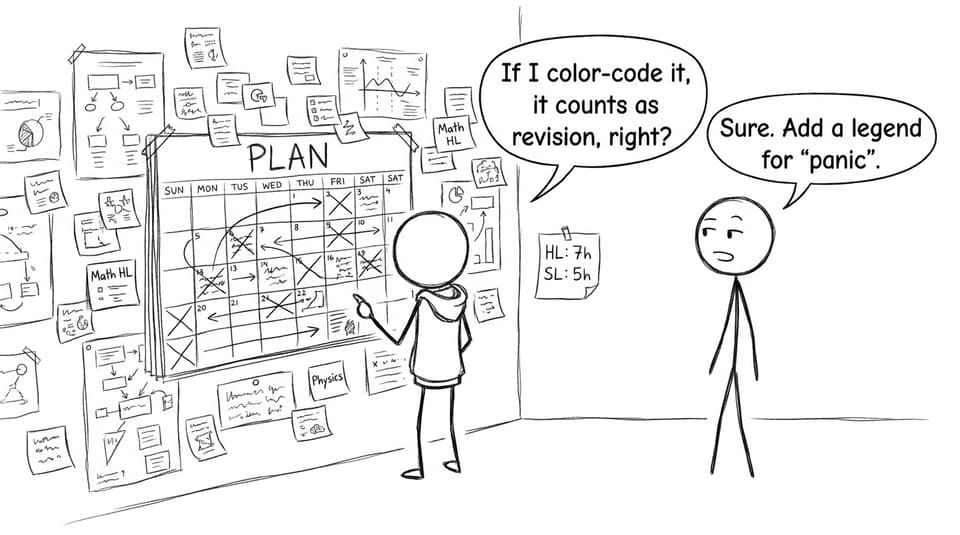 A stick-figure student builds a NASA-like revision timetable wall.