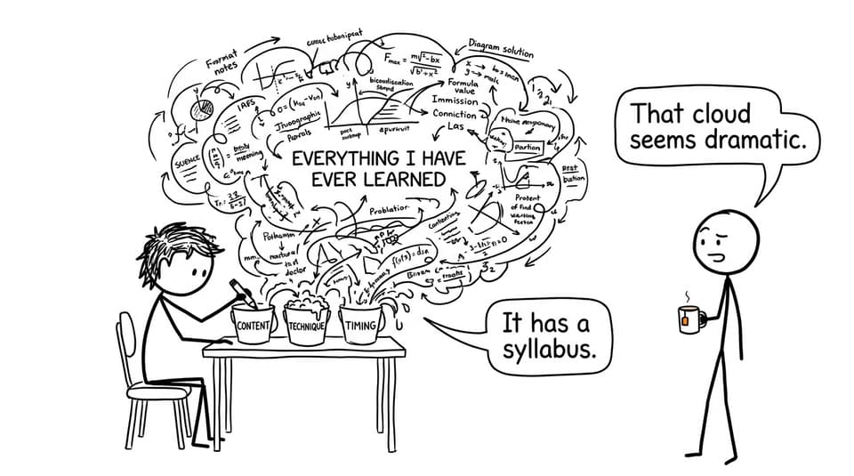 A student attempting to sort an entire syllabus into three suspiciously small study buckets