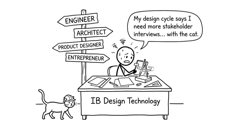 An IB DT student tries to choose a career path while a cat wears a hard hat