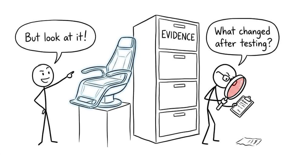 A student presents a beautiful design while an examiner searches for evidence of testing