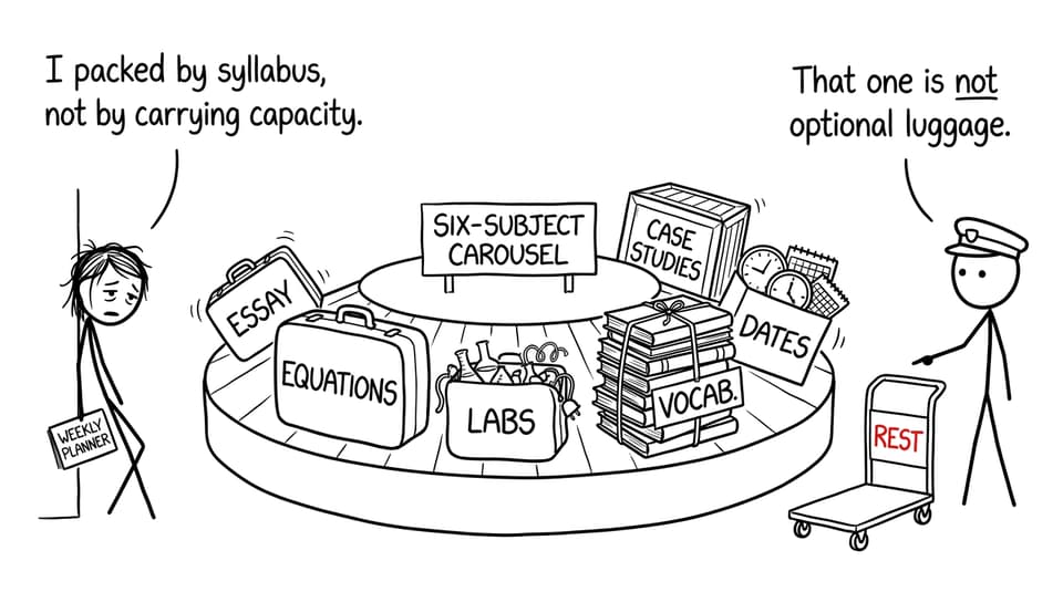 An exhausted IB student watches six subject suitcases circle an airport carousel while an airport worker points out that rest is not optional