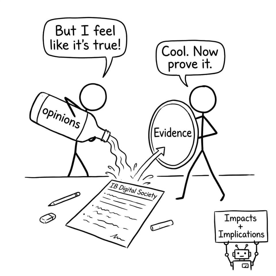 Evidence blocks opinions in an IB Digital Society exam