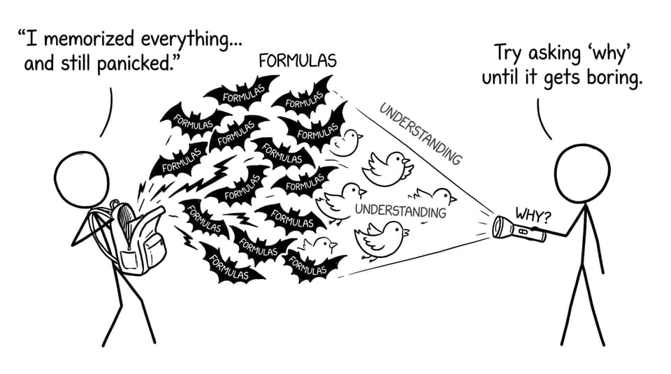 A stick-figure comic about memorizing vs understanding