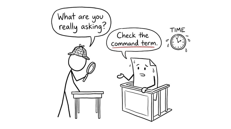 A student interrogates a history practice question about its command term