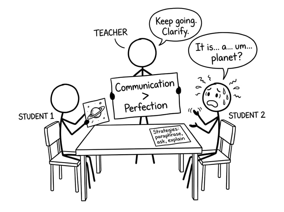 Oral exam roleplay with “Communication > Perfection” sign