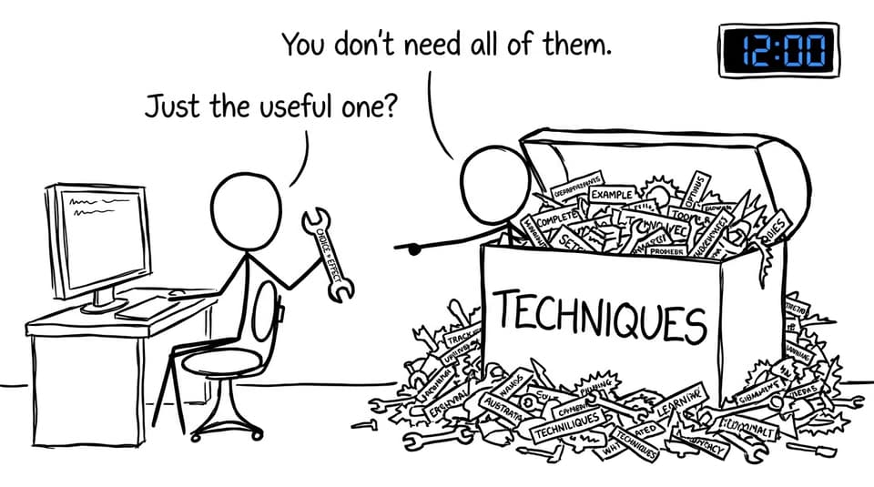 Student choosing one useful analytical tool instead of an enormous toolbox of techniques