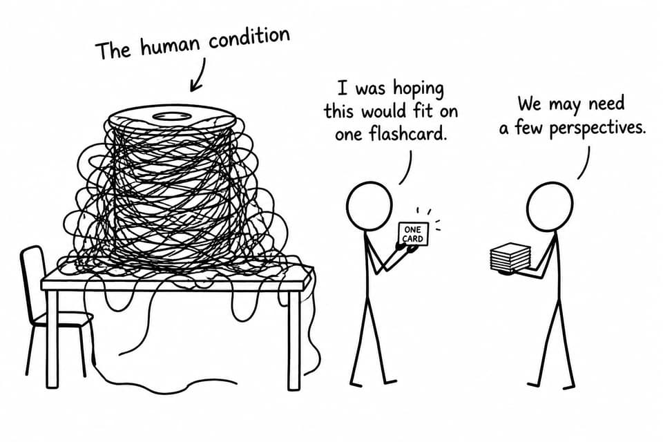 Two students confront a giant tangled spool representing the human condition while wondering how many flashcards they need