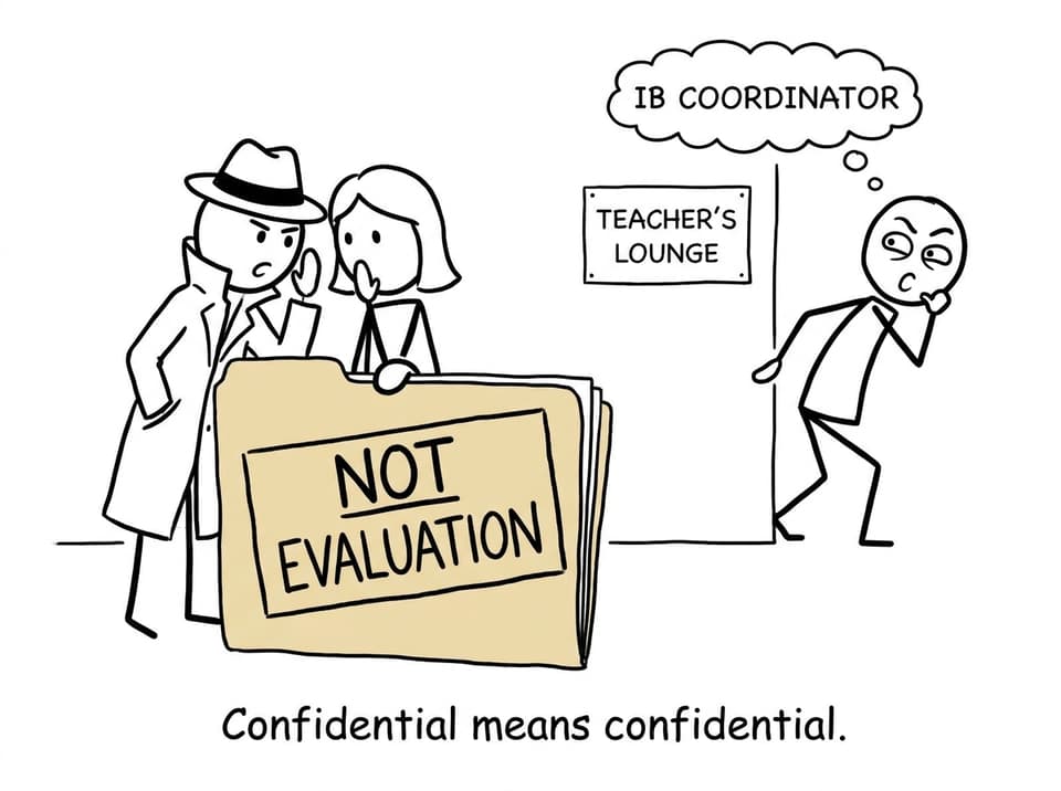 Two teachers whispering over a folder stamped Not Evaluation