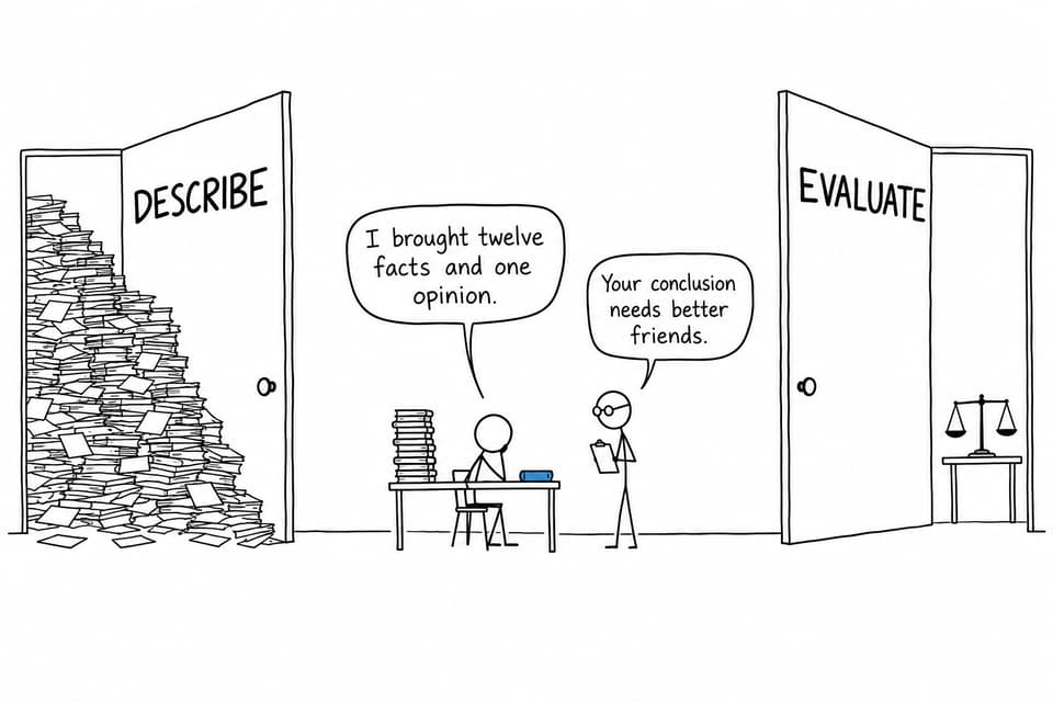 A student brings twelve facts to the evaluate door while an examiner asks for a stronger conclusion