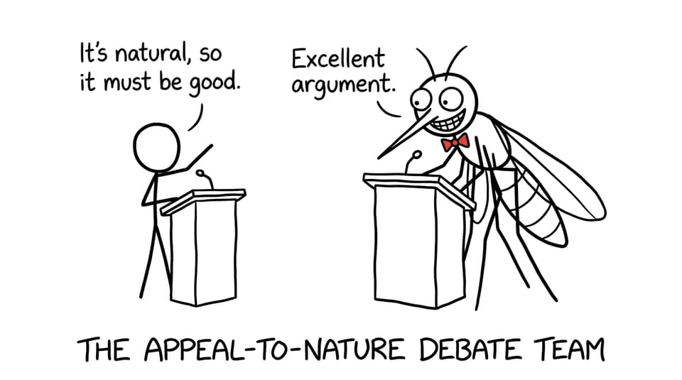 A mosquito enthusiastically accepts a student's appeal-to-nature argument