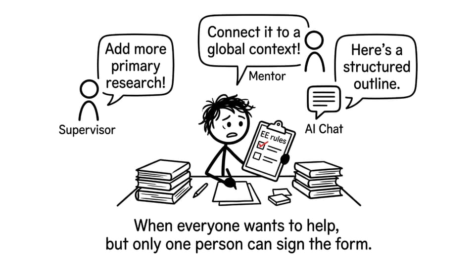 Stick-figure student juggling supervisor, mentor, and AI help