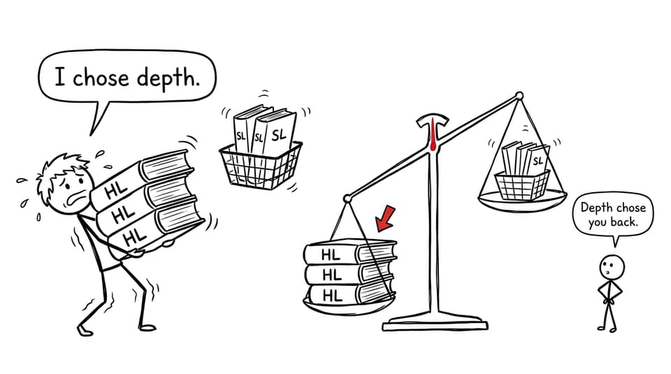 An IB student discovers that choosing depth means carrying three enormous HL books