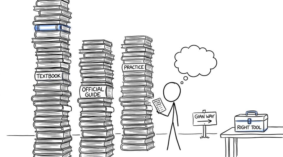 A student choosing between an enormous textbook stack, an official guide, practice materials, and the right tool