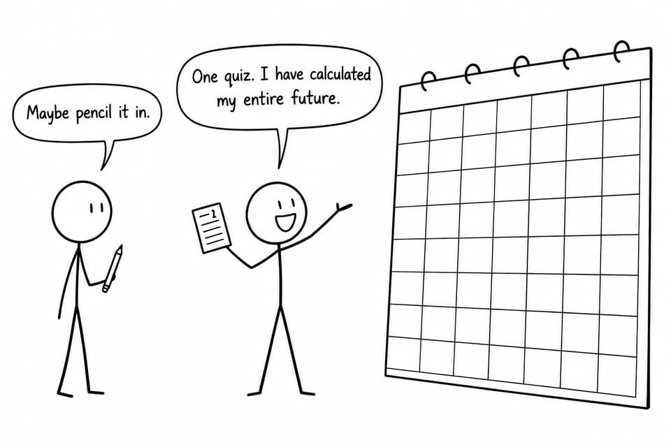 A student confidently predicts their entire academic future from one quiz while a friend suggests using a pencil