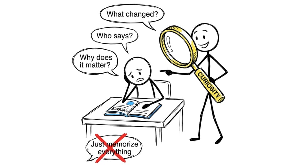 A humorous comic showing a parent encouraging historical curiosity instead of demanding memorisation