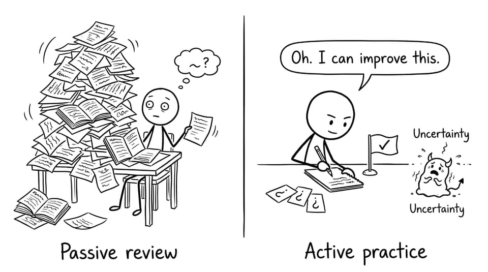 Two-panel comic: passive review vs active practice