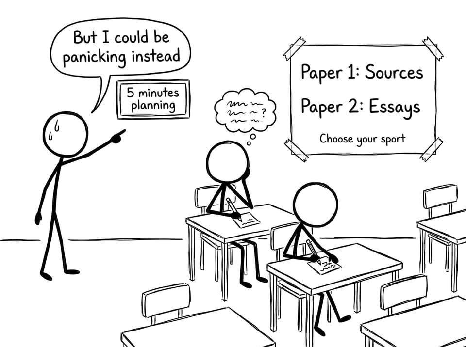 Exam timer vs tiny essay plan sticky note