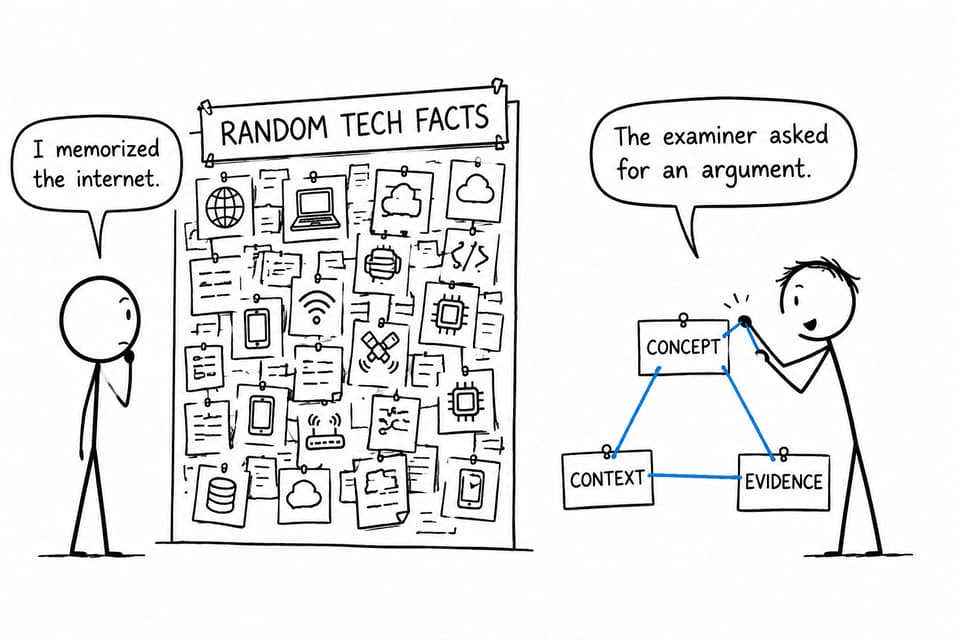 Two students contrast memorizing random technology facts with connecting concept, context and evidence to form an argument