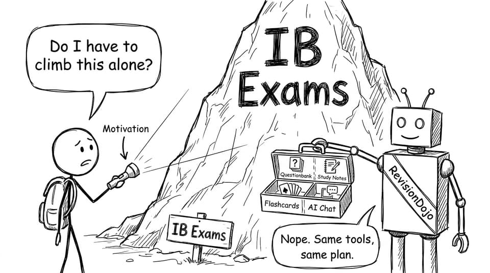 Student with a tiny flashlight called Motivation facing IB Exams