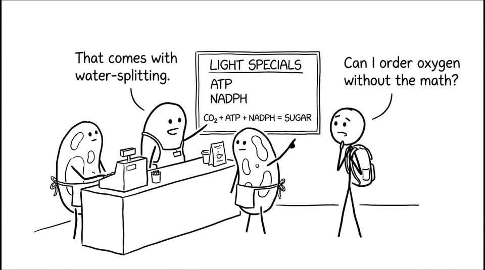 Chloroplast cafe menu joke about ATP, NADPH, and sugar