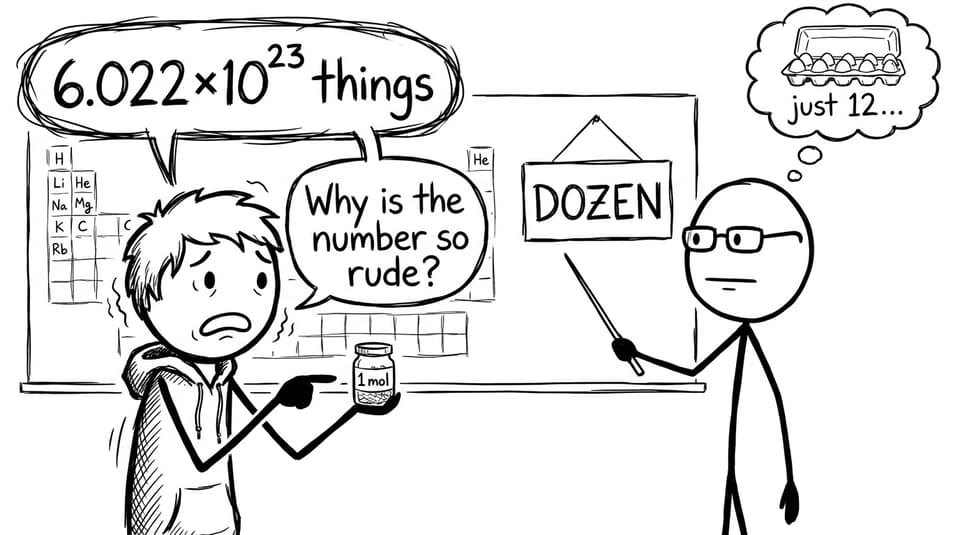 IB Chemistry mole comic: dozen vs mole