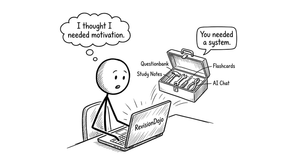 A laptop toolbox labeled RevisionDojo with “You needed a system.”
