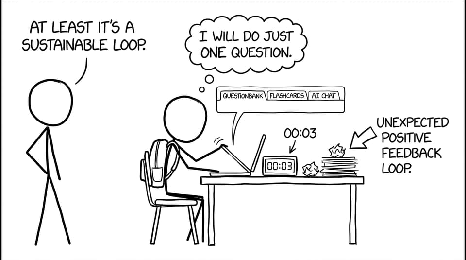 A student opens tabs titled Questionbank, Flashcards, AI Chat and triggers a positive feedback loop of practice