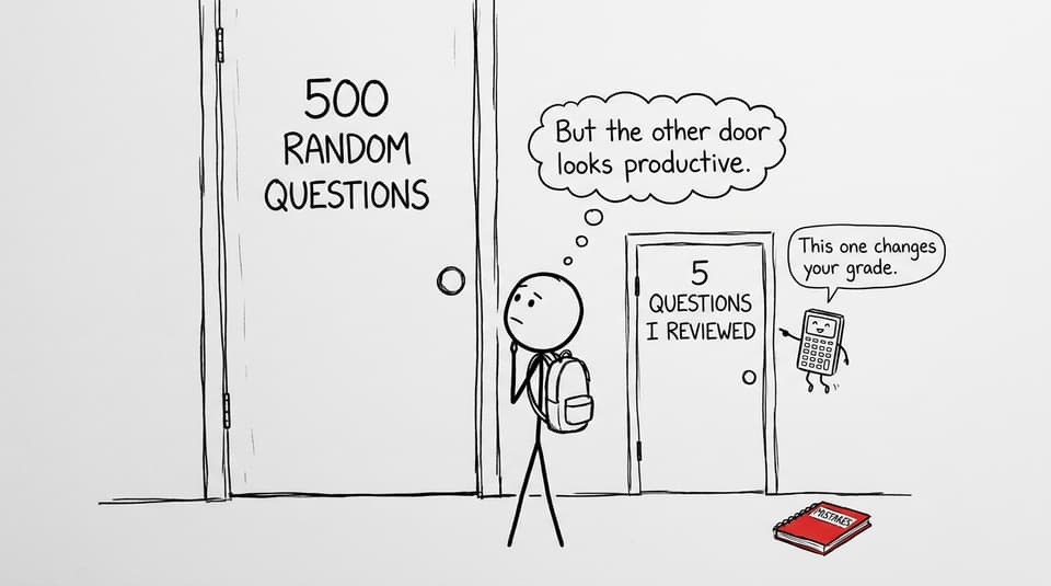 XKCD-style student choosing between random question volume and reviewed practice