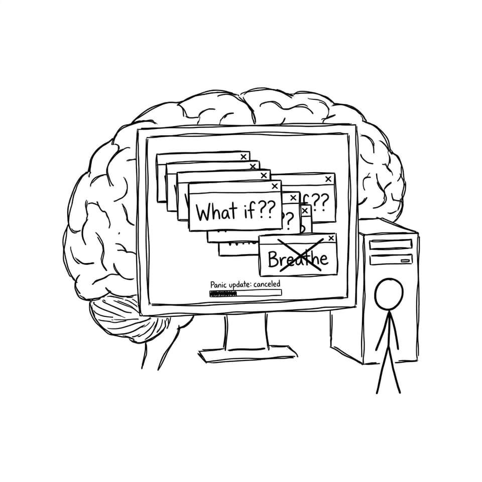 A brain-computer with popups labeled “What if??” and a “Breathe” window closing them