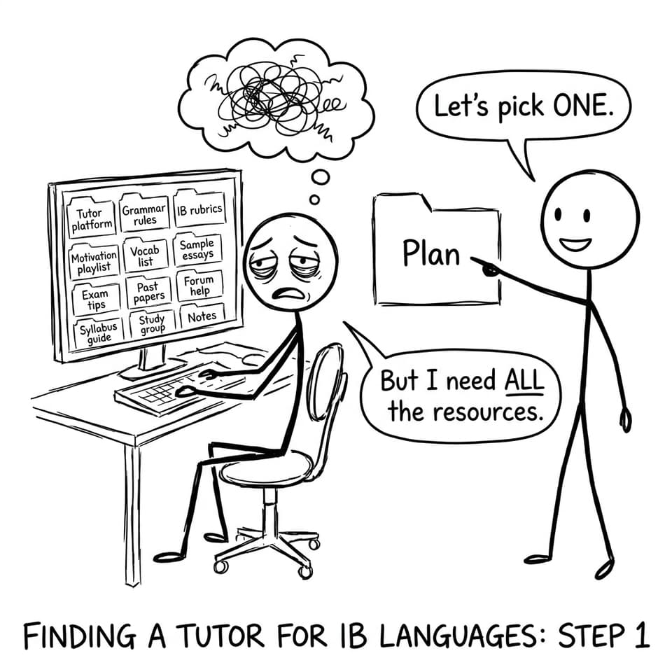 A stressed student with 12 tabs and a calm tutor saying “Let’s pick ONE.”
