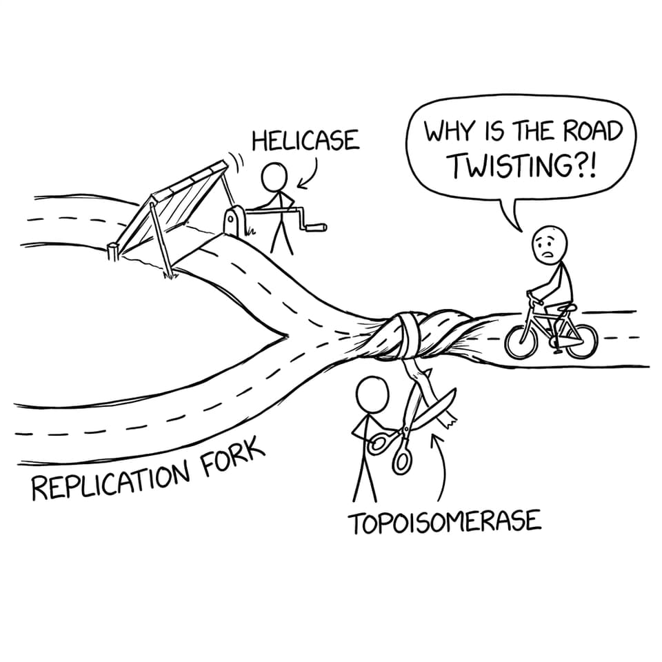 A funny road metaphor for replication fork twisting