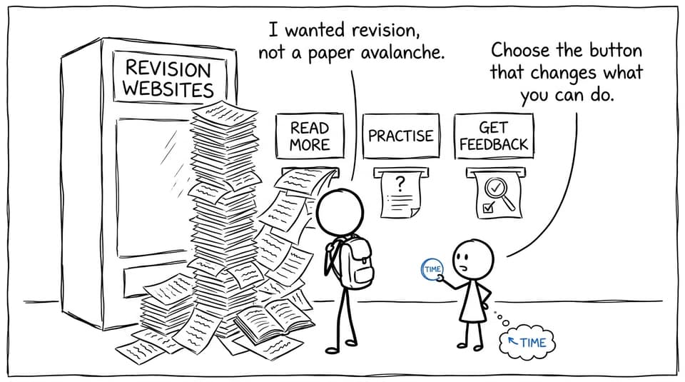 A student confronts a revision vending machine that produces a paper avalanche instead of useful practice