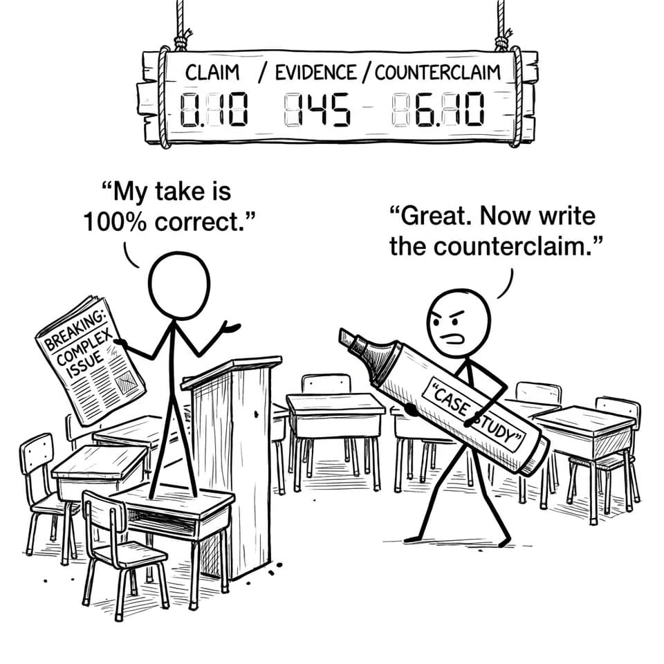 A debate arena with “Claim / Evidence / Counterclaim”
