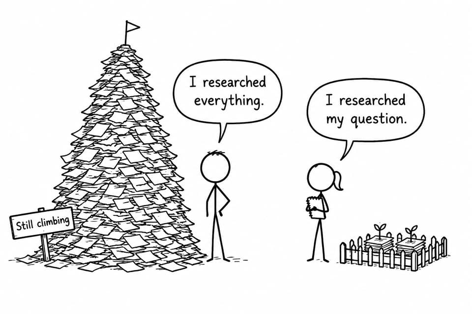 Two students compare an overwhelming mountain of research with a small focused research project