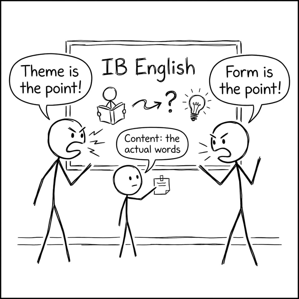 Three students arguing about theme vs form vs content