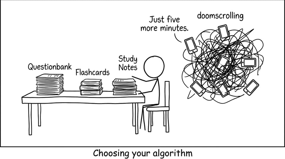 Desk choosing revision tools vs doomscrolling