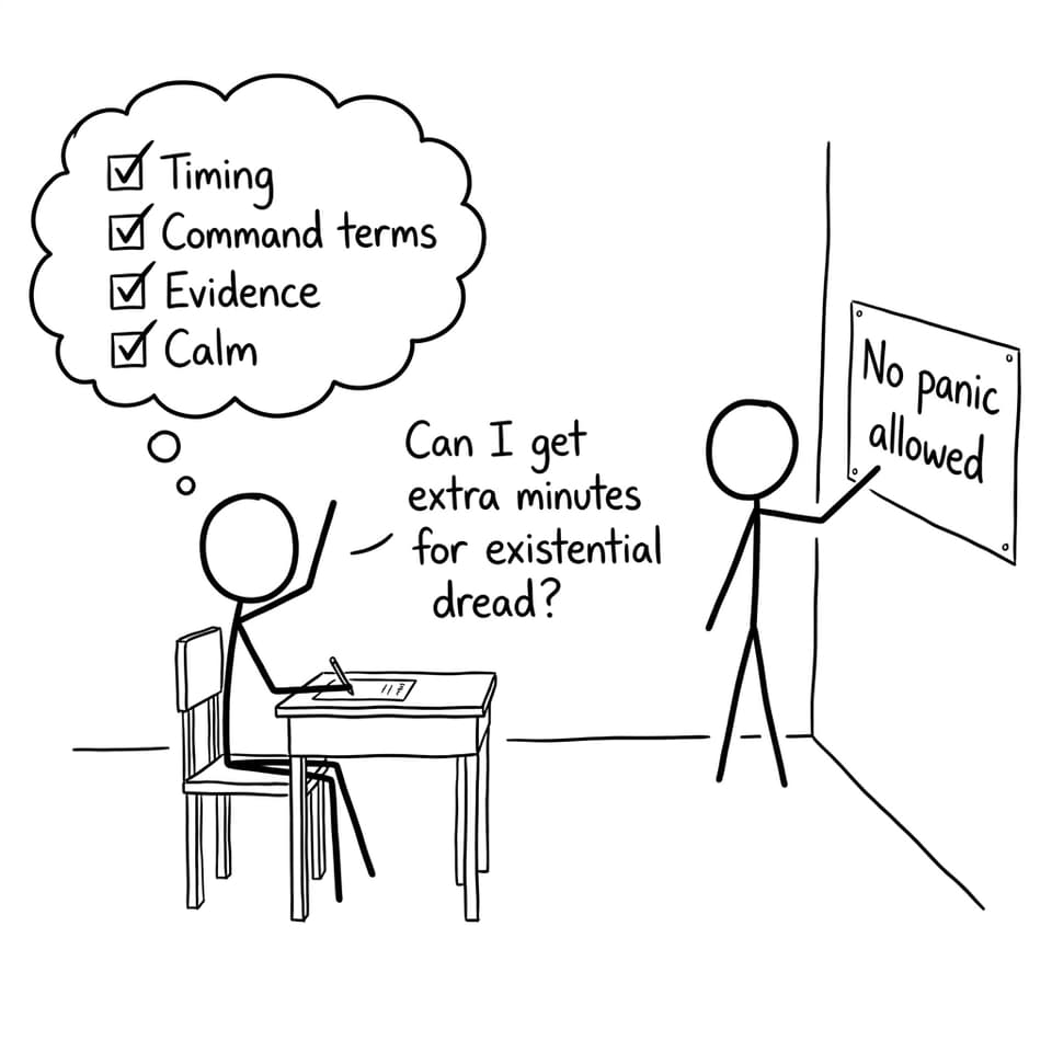 Stick-figure comic about exam hall and existential dread