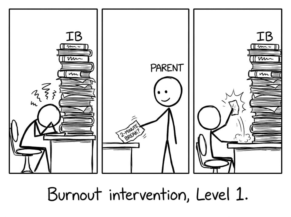 Stick-figure parent offers a tiny break note to stressed IB student