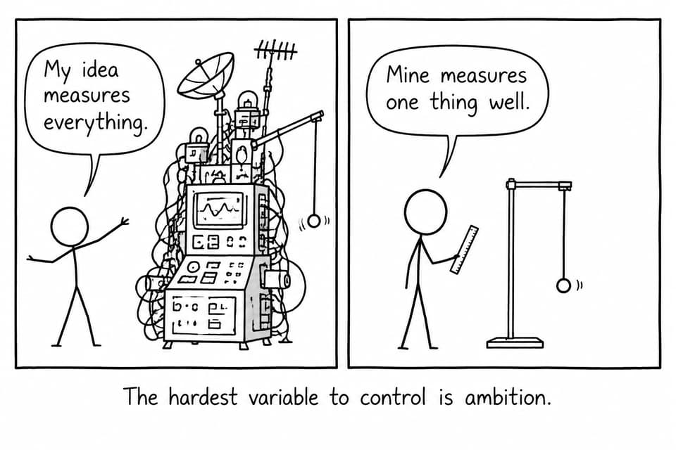 A student compares an enormous machine that measures everything with a simple pendulum experiment that measures one thing well.