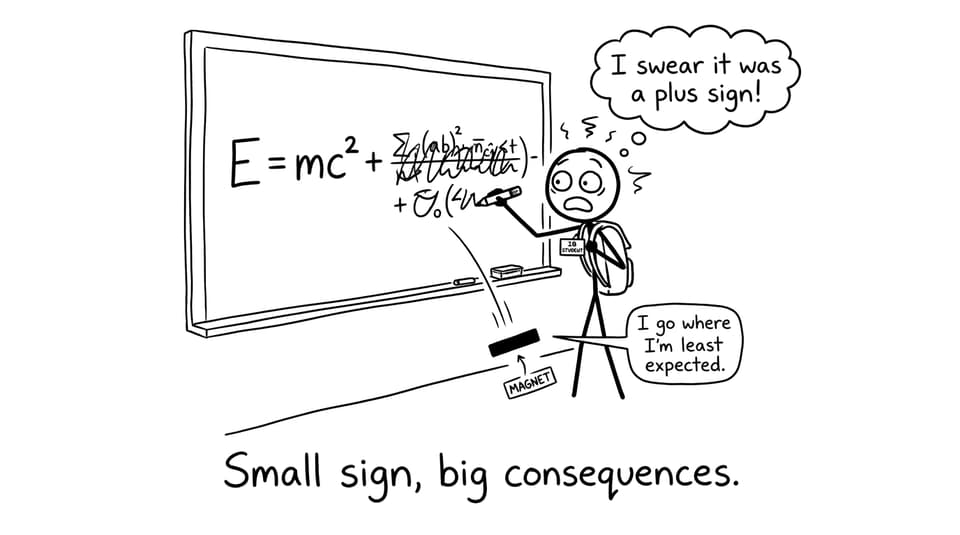 A tiny minus sign falls off the whiteboard